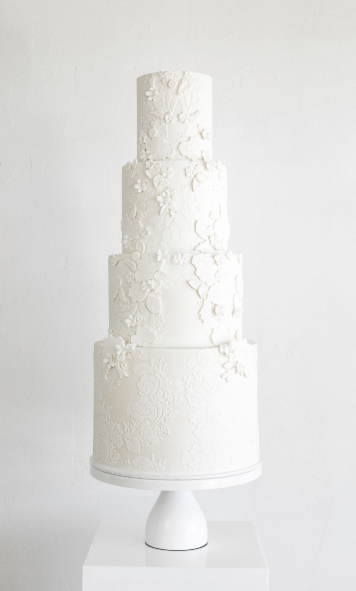 modern white lace wedding cake,